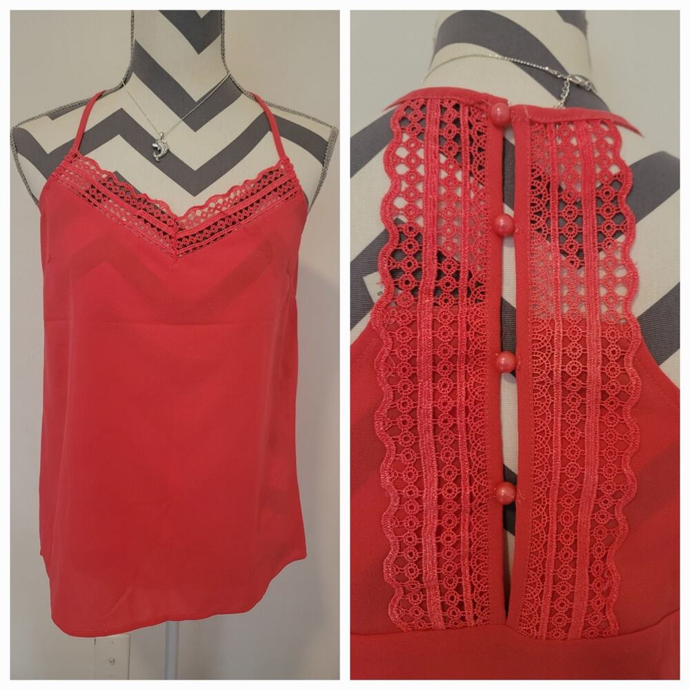Paper Crane Sz S Coral Lace-Back Camisole Blouse Tank Top Racerback